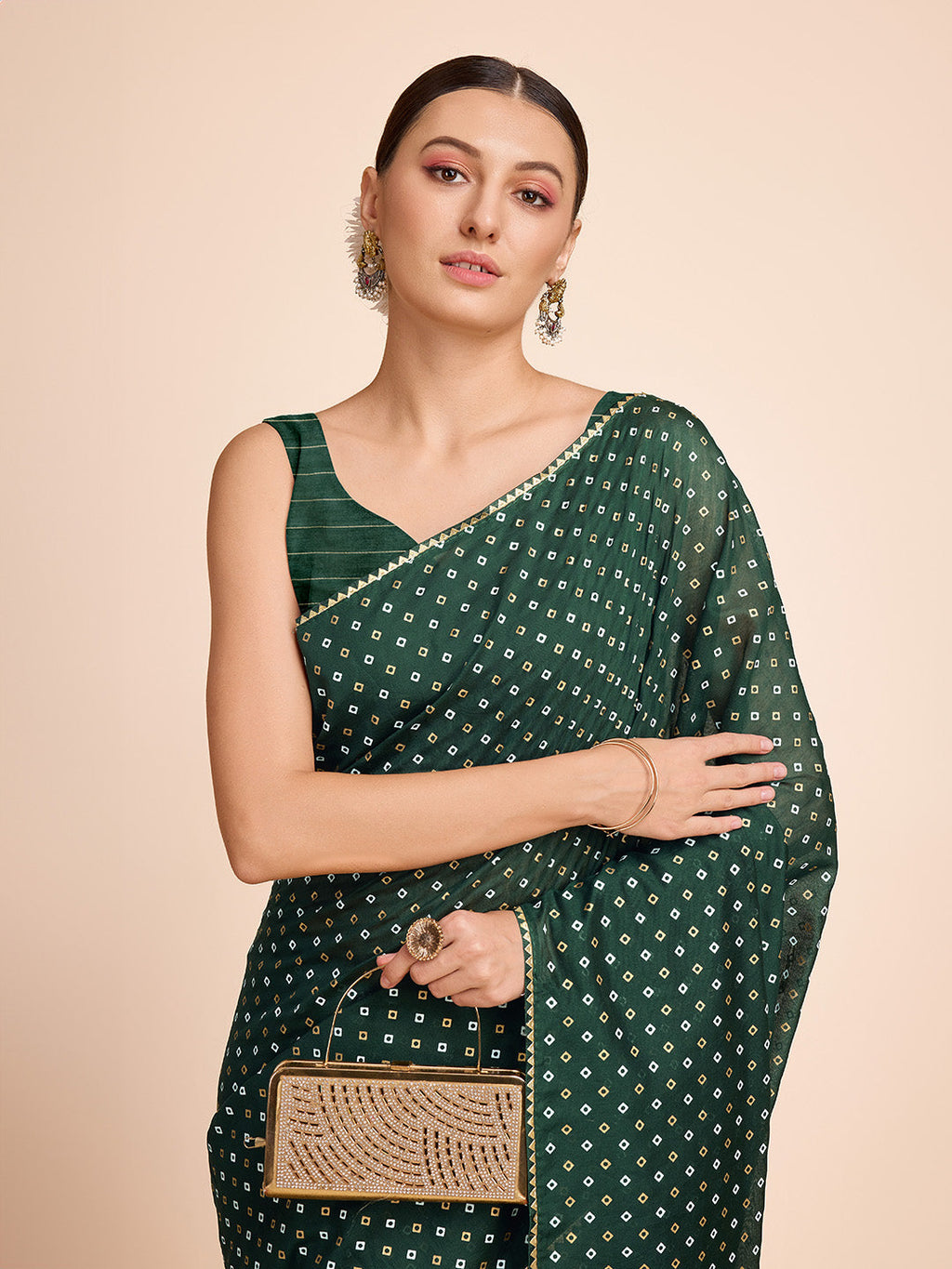 Vedant Vastram Semi Cotton Bandhani Printed Saree - Green