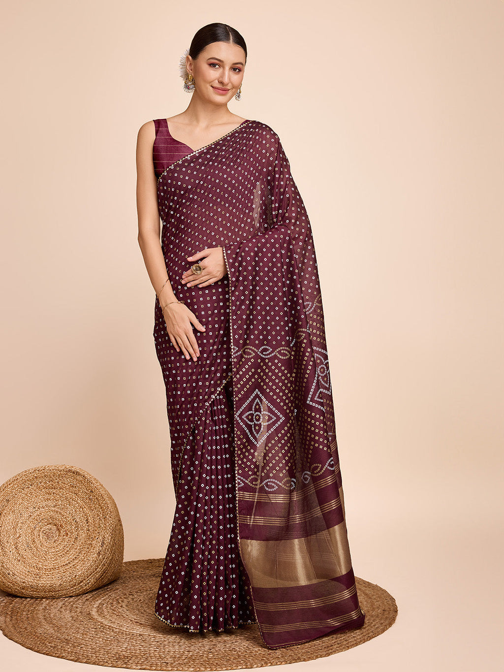 Vedant Vastram Semi Cotton Bandhani Printed Saree - Maroon