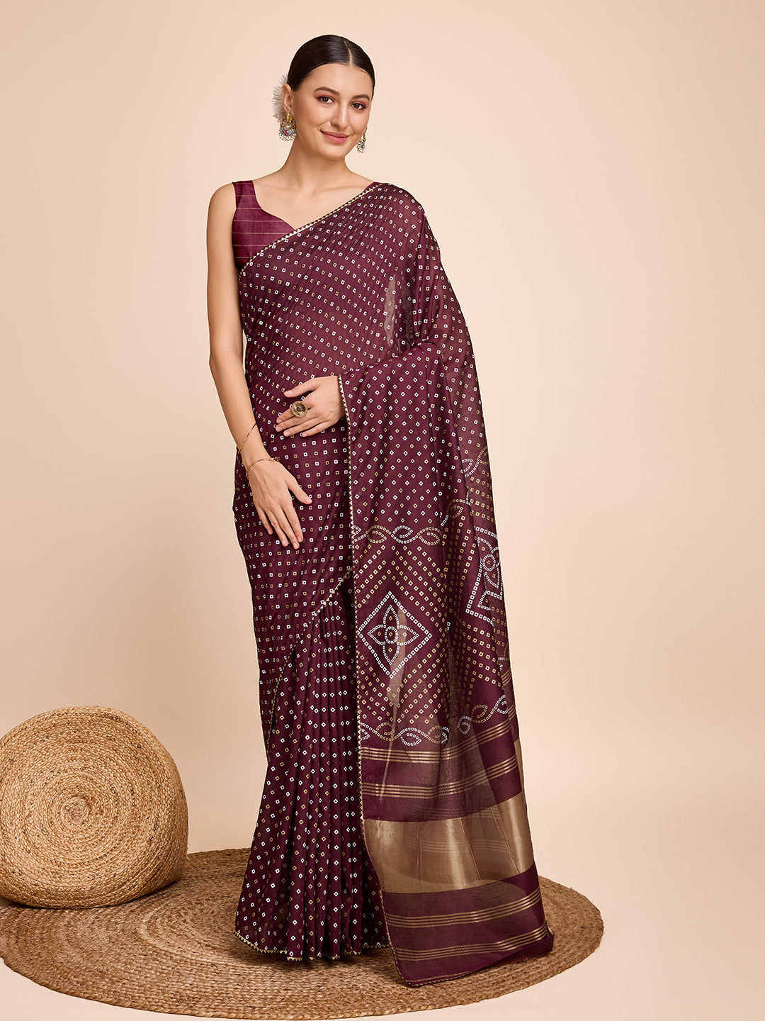 Vedant Vastram Semi Cotton Bandhani Printed Saree - Maroon