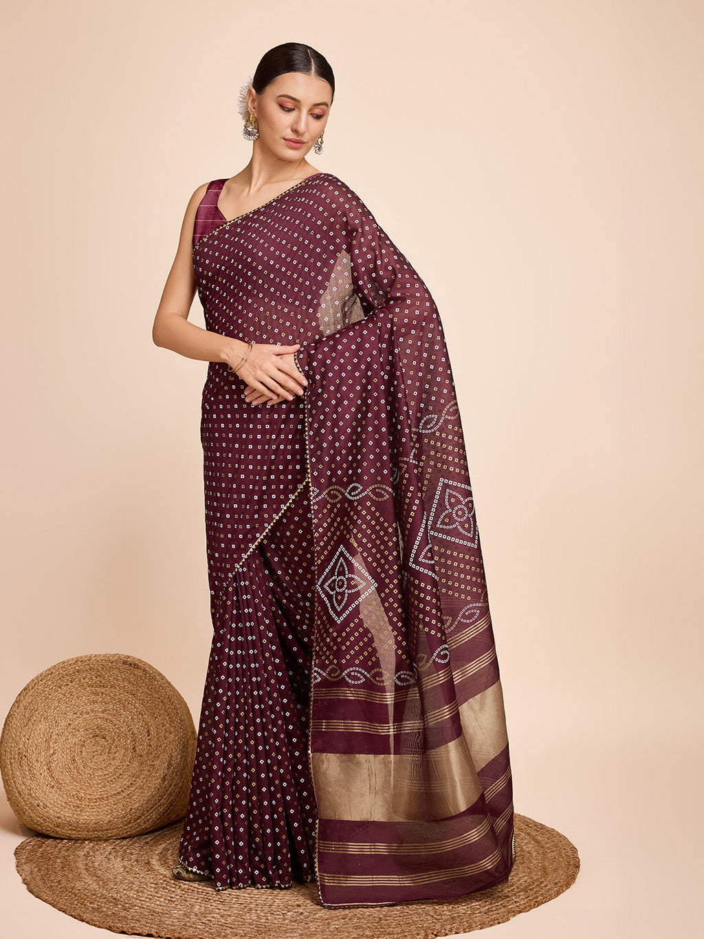 Vedant Vastram Semi Cotton Bandhani Printed Saree - Maroon