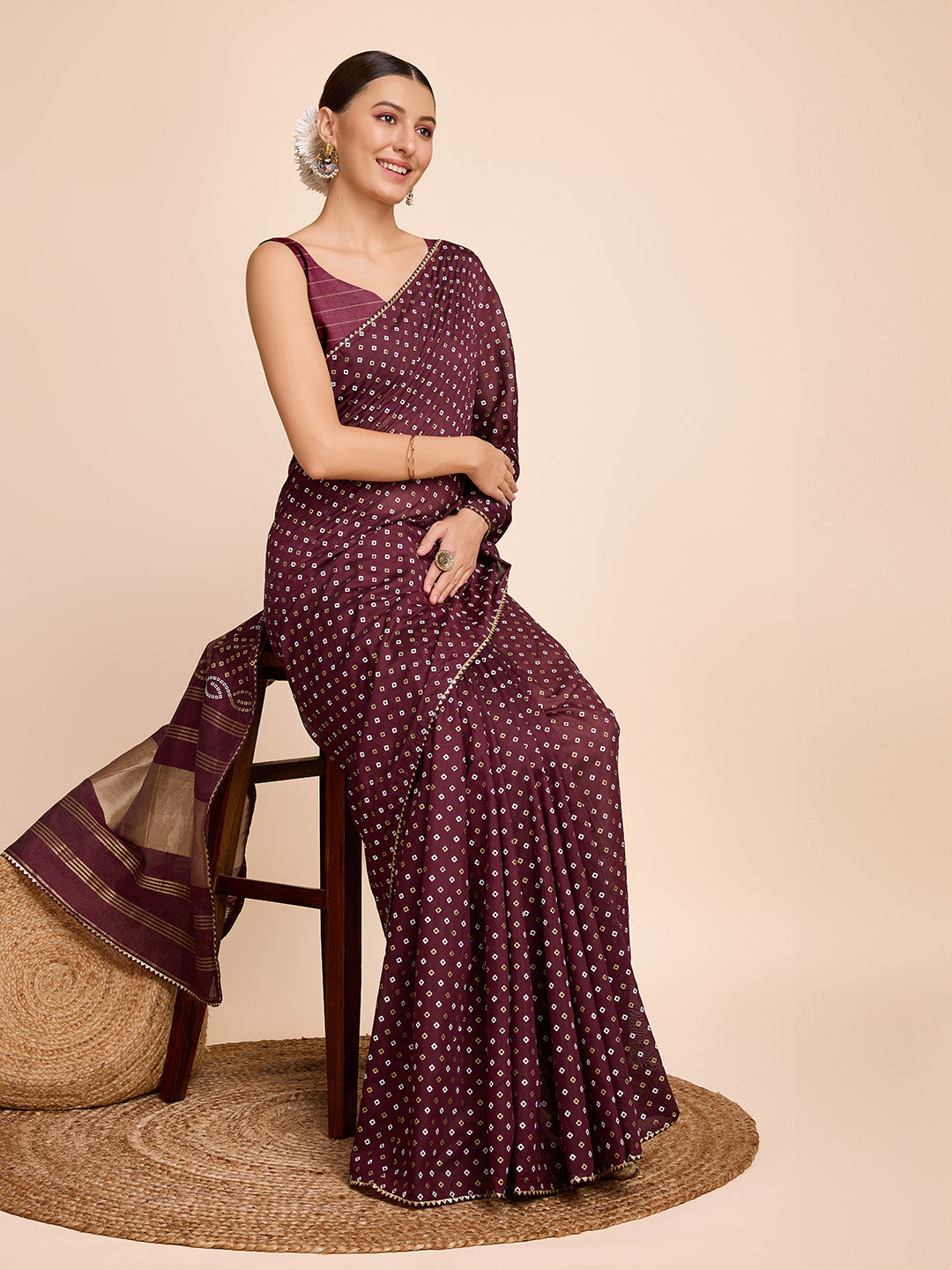 Vedant Vastram Semi Cotton Bandhani Printed Saree - Maroon