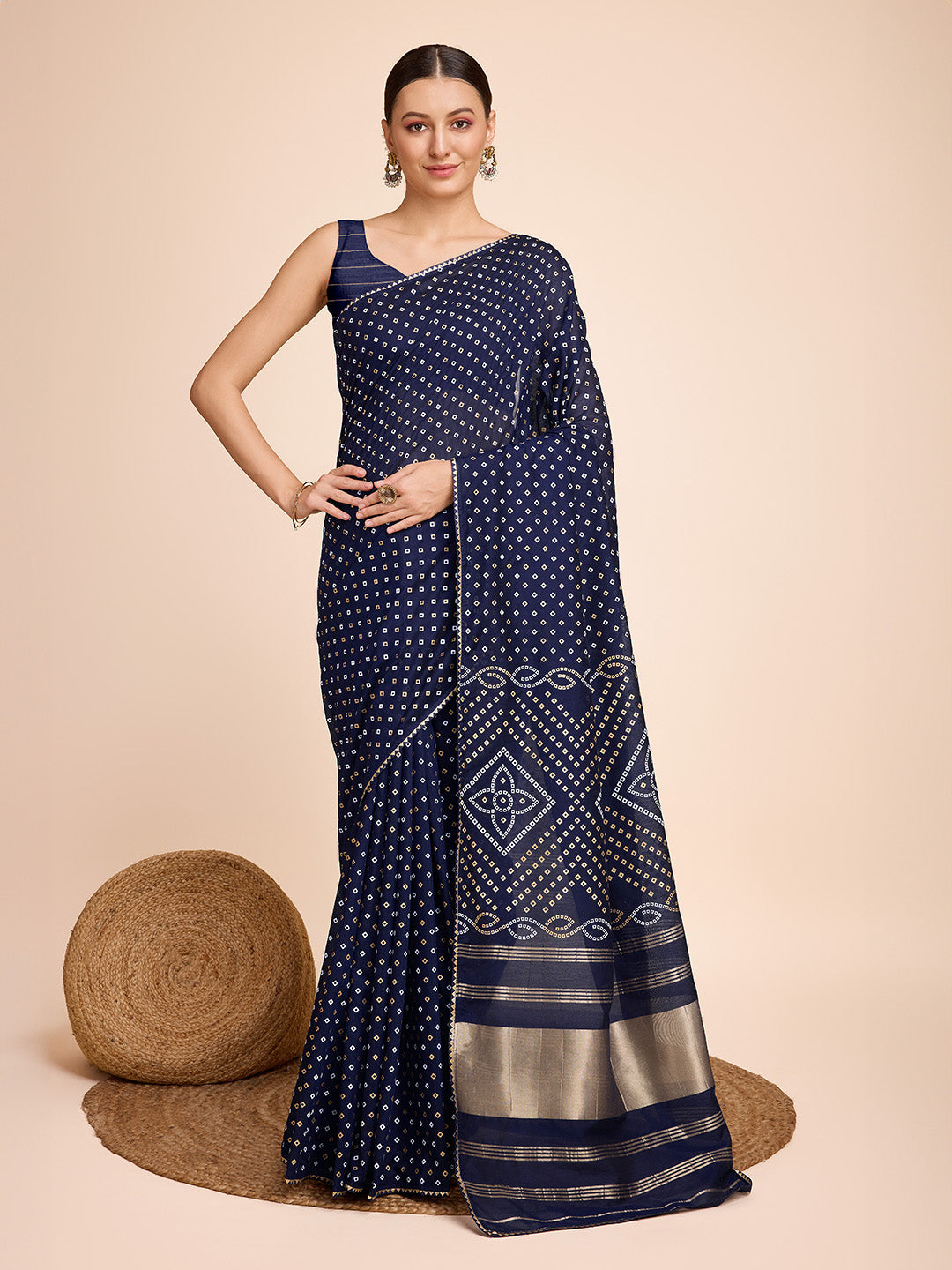 Vedant Vastram Semi Cotton Bandhani Printed Saree - Navy