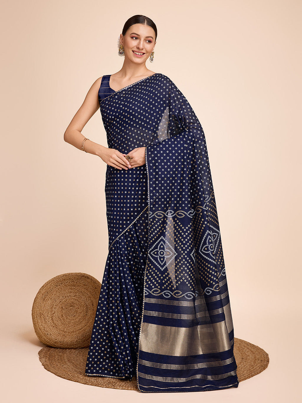 Vedant Vastram Semi Cotton Bandhani Printed Saree - Navy
