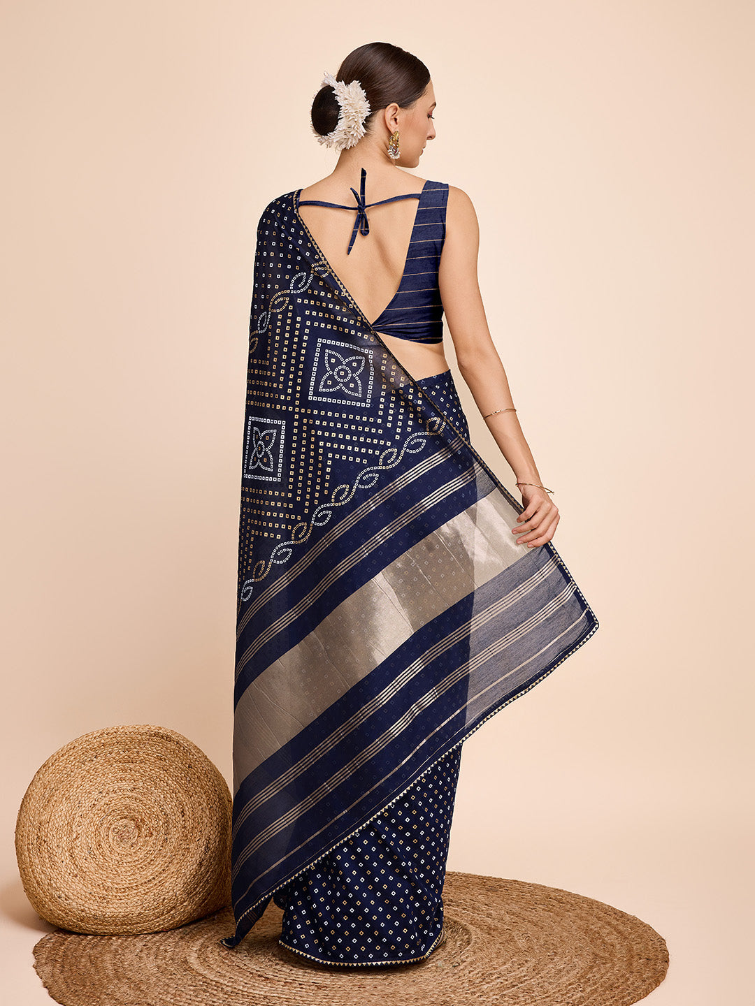 Vedant Vastram Semi Cotton Bandhani Printed Saree - Navy