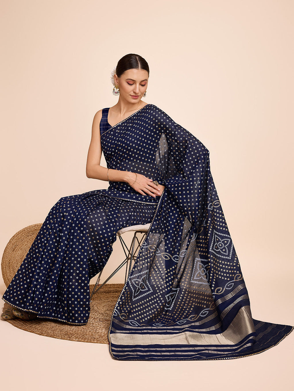 Vedant Vastram Semi Cotton Bandhani Printed Saree - Navy