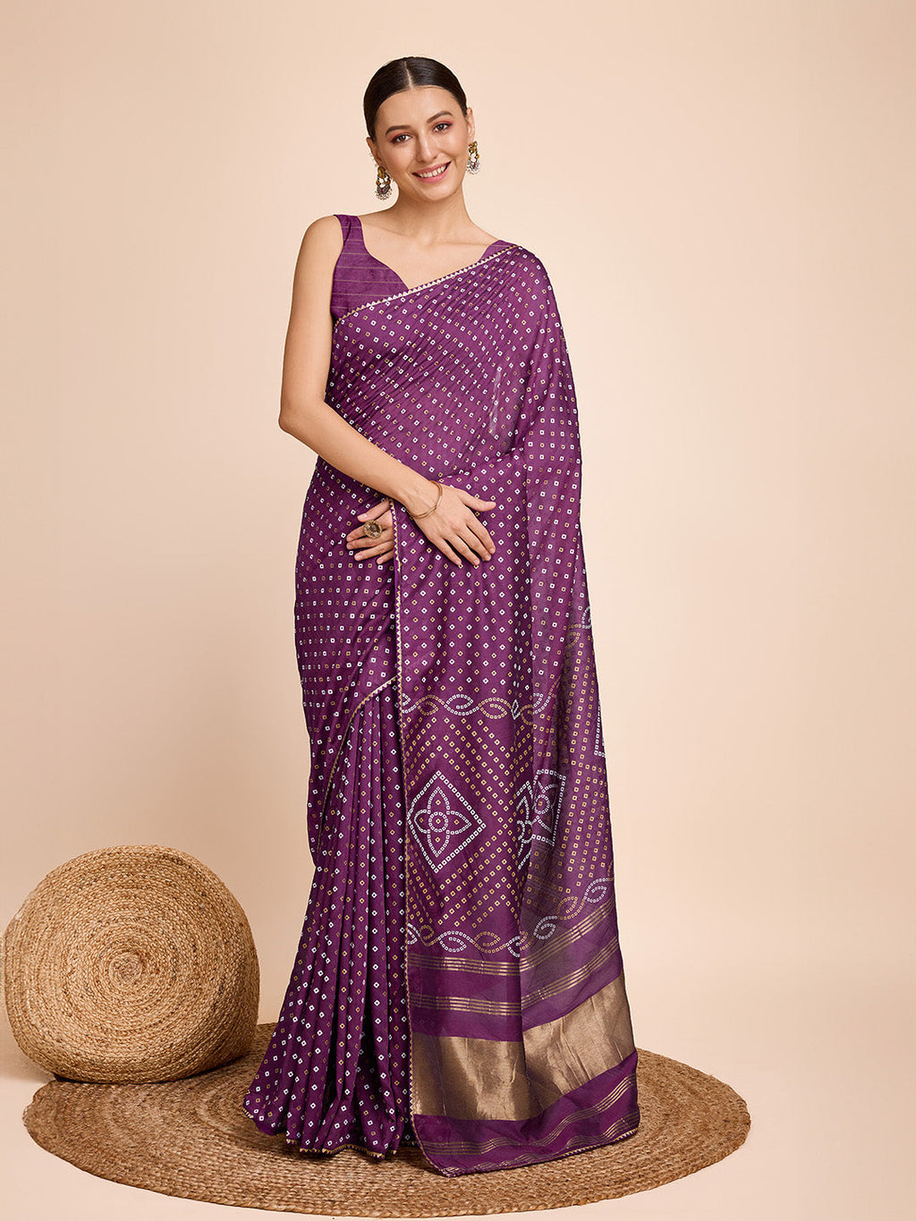 Vedant Vastram Semi Cotton Bandhani Printed Saree - Purple