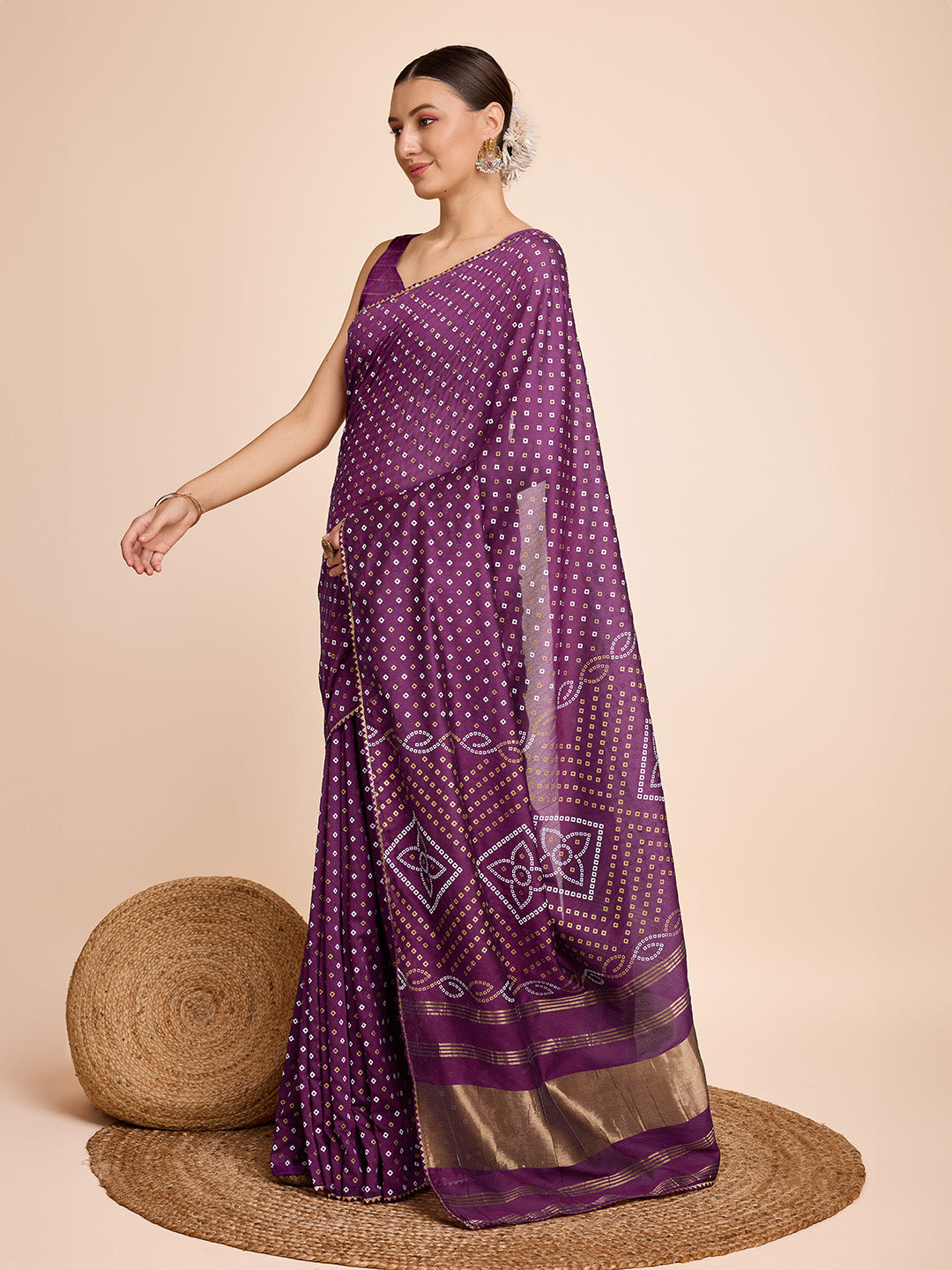 Vedant Vastram Semi Cotton Bandhani Printed Saree - Purple
