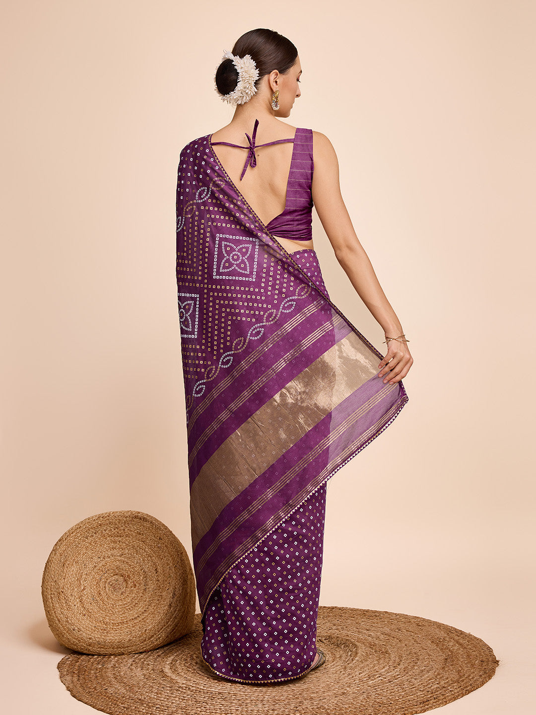 Vedant Vastram Semi Cotton Bandhani Printed Saree - Purple