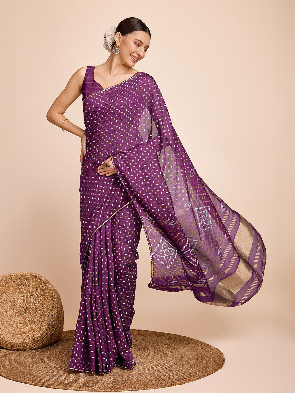 Vedant Vastram Semi Cotton Bandhani Printed Saree - Purple