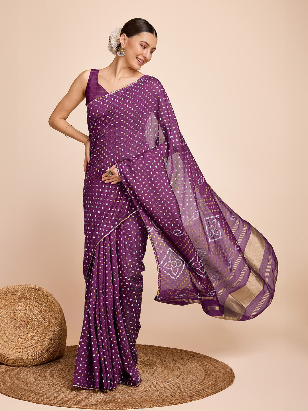 Vedant Vastram Semi Cotton Bandhani Printed Saree - Purple
