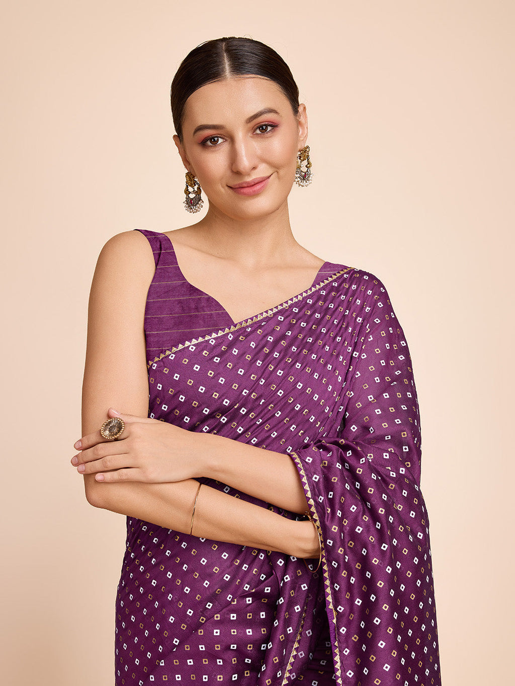 Vedant Vastram Semi Cotton Bandhani Printed Saree - Purple