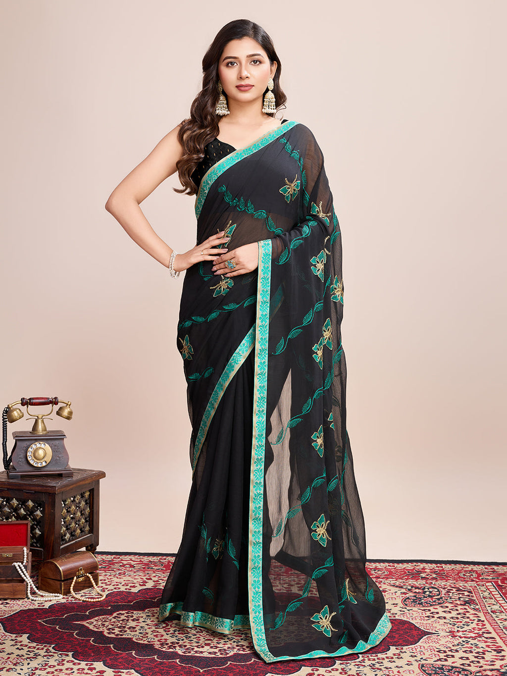 Vedant Vastram Georgette Embroidered Work Fancy Saree - Firozi