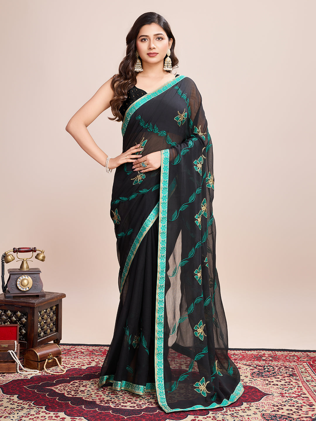 Vedant Vastram Georgette Embroidered Work Fancy Saree - Firozi