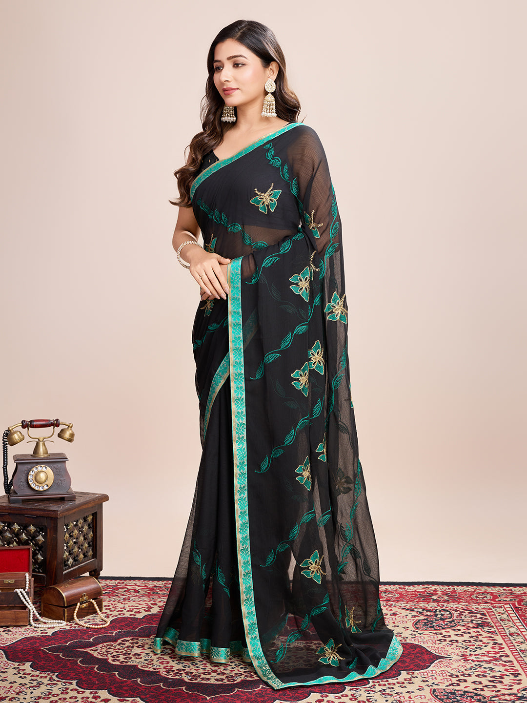 Vedant Vastram Georgette Embroidered Work Fancy Saree - Firozi