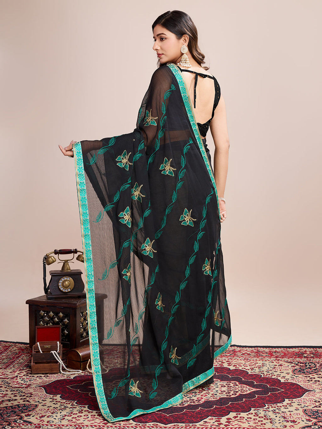 Vedant Vastram Georgette Embroidered Work Fancy Saree - Firozi