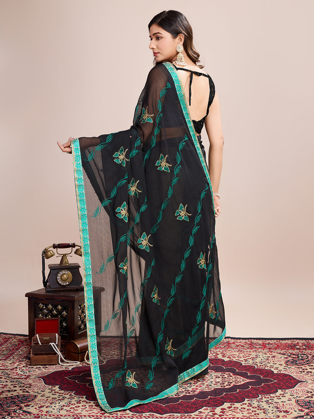 Vedant Vastram Georgette Embroidered Work Fancy Saree - Firozi