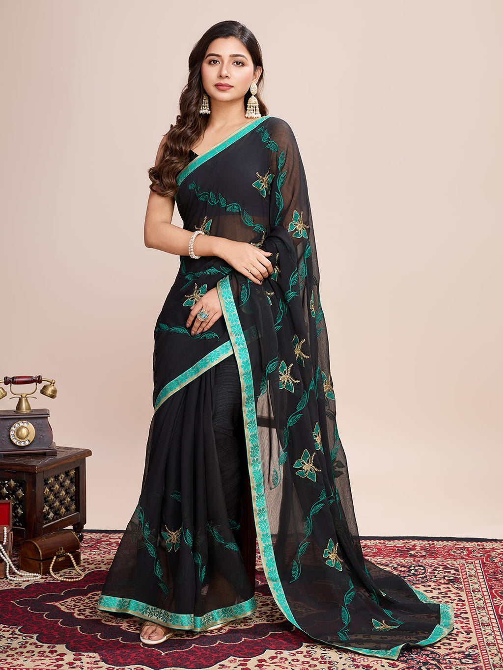 Vedant Vastram Georgette Embroidered Work Fancy Saree - Firozi
