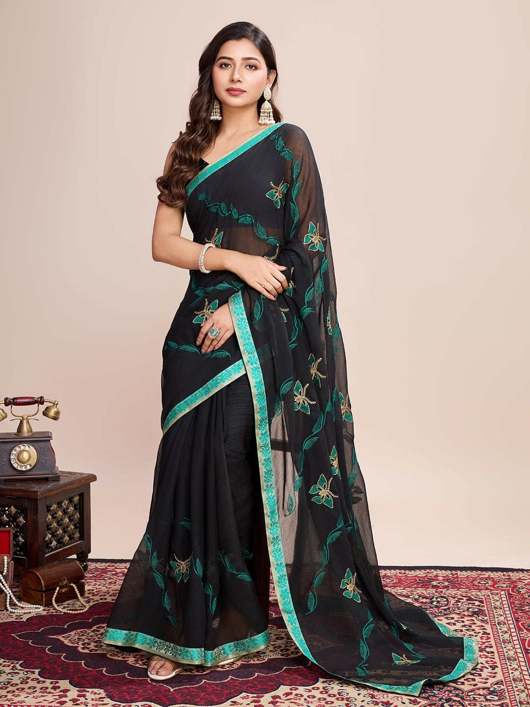 Vedant Vastram Georgette Embroidered Work Fancy Saree - Firozi