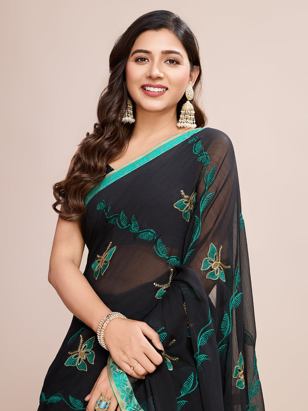 Vedant Vastram Georgette Embroidered Work Fancy Saree - Firozi