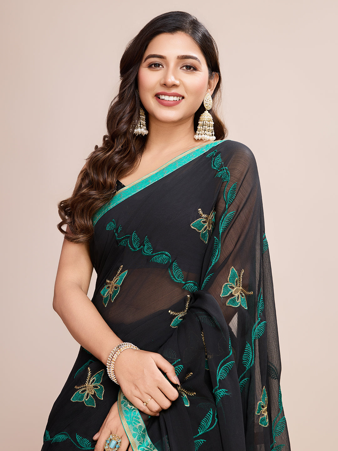 Vedant Vastram Georgette Embroidered Work Fancy Saree - Firozi