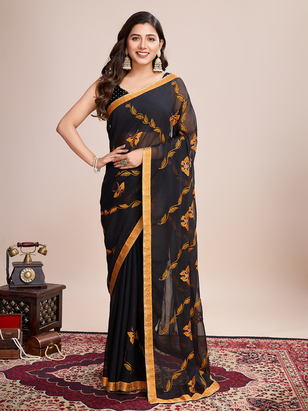 Vedant Vastram Georgette Embroidered Work Fancy Saree - Mustard
