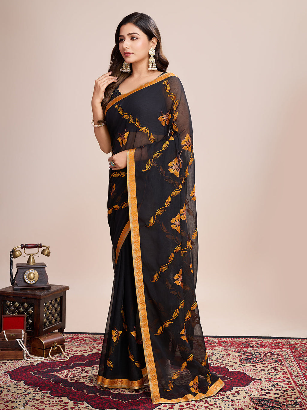 Vedant Vastram Georgette Embroidered Work Fancy Saree - Mustard