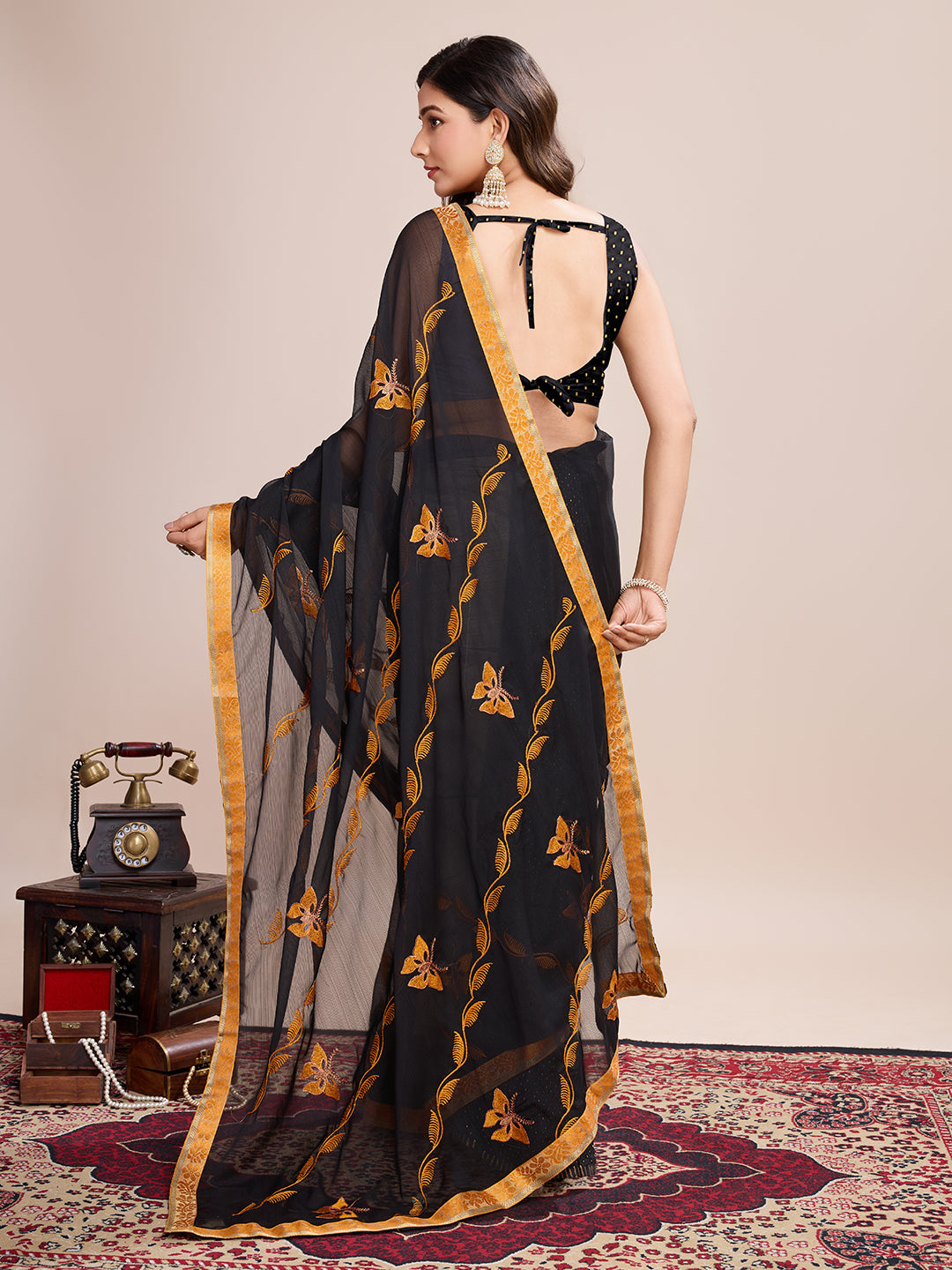 Vedant Vastram Georgette Embroidered Work Fancy Saree - Mustard