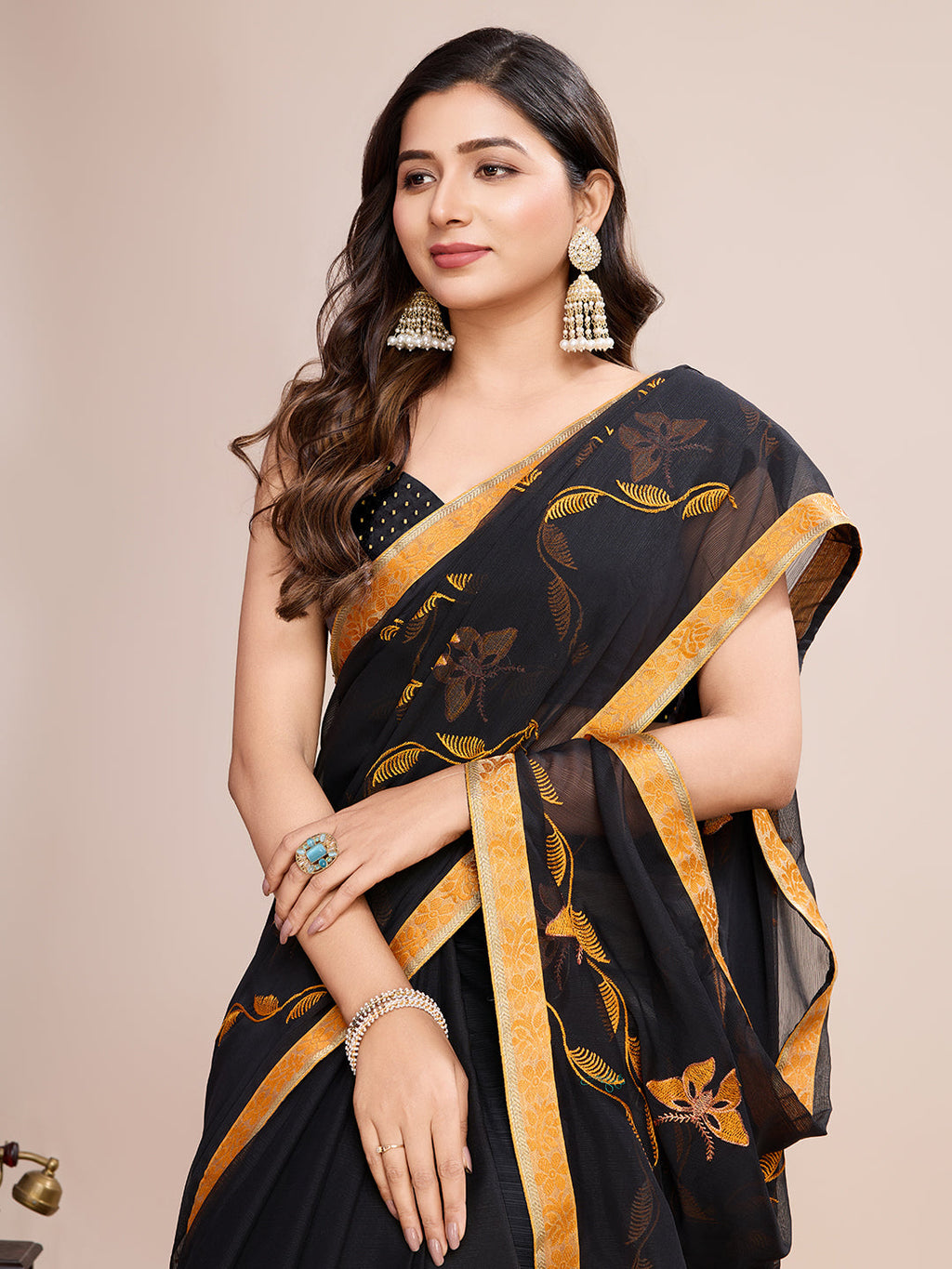 Vedant Vastram Georgette Embroidered Work Fancy Saree - Mustard