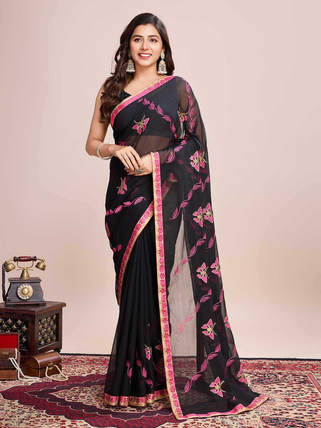 Vedant Vastram Georgette Embroidered Work Fancy Saree - Pink
