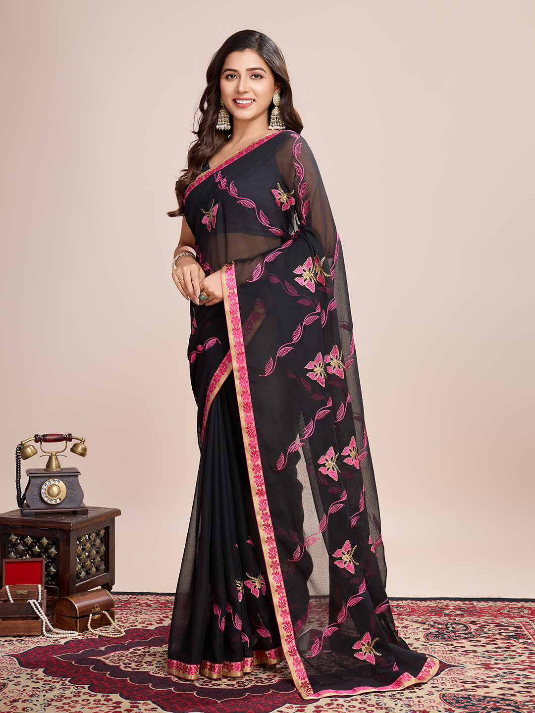 Vedant Vastram Georgette Embroidered Work Fancy Saree - Pink