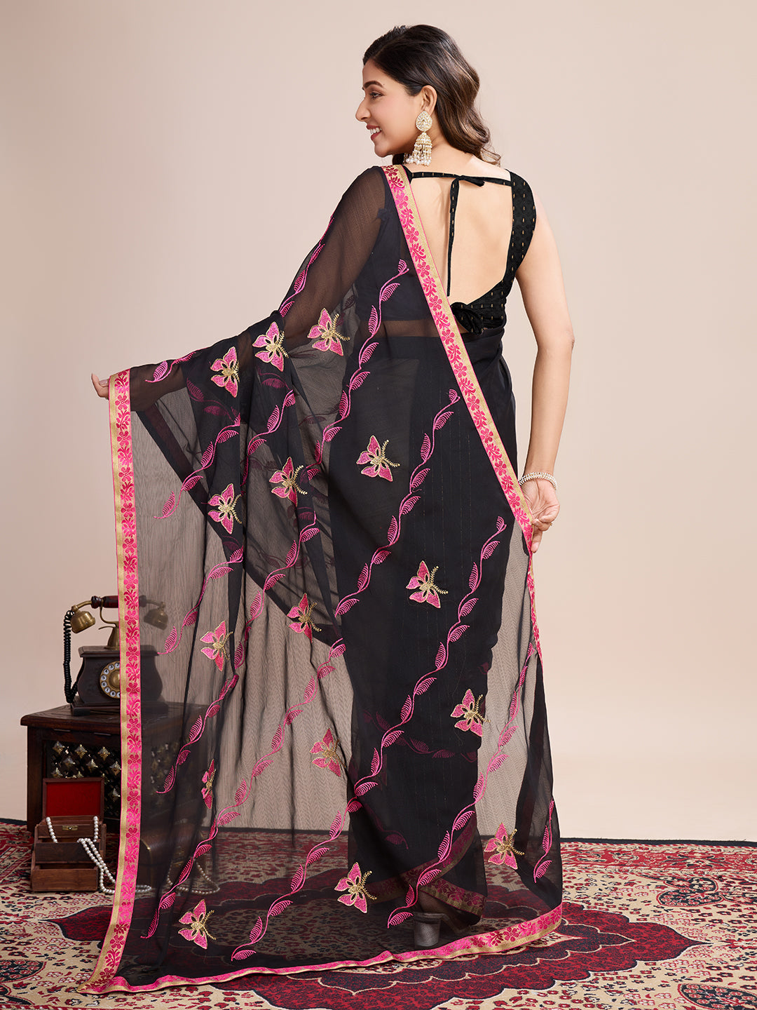 Vedant Vastram Georgette Embroidered Work Fancy Saree - Pink