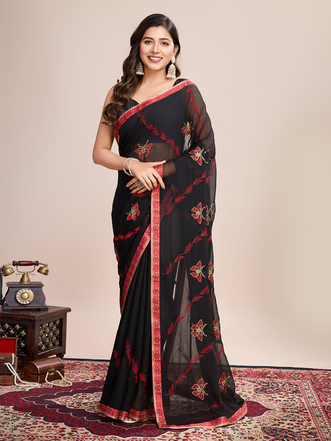 Vedant Vastram Georgette Embroidered Work Fancy Saree - Red
