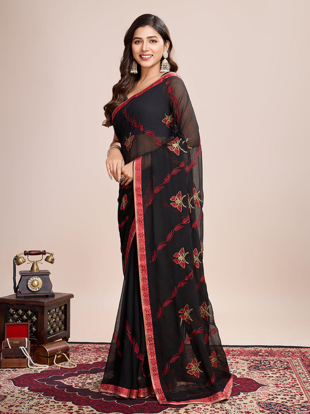 Vedant Vastram Georgette Embroidered Work Fancy Saree - Red