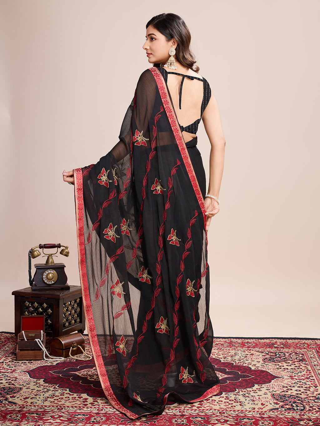 Vedant Vastram Georgette Embroidered Work Fancy Saree - Red