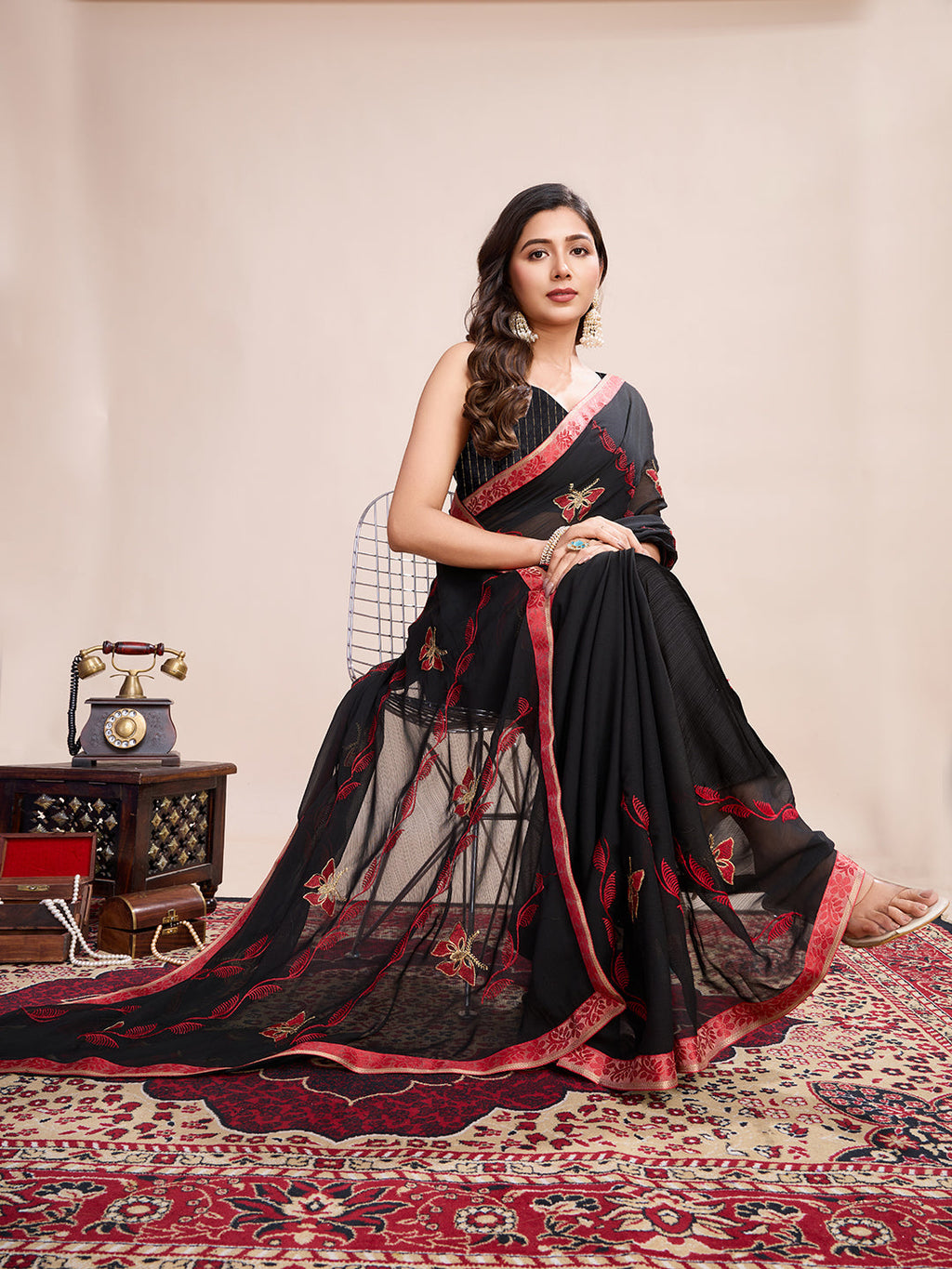 Vedant Vastram Georgette Embroidered Work Fancy Saree - Red
