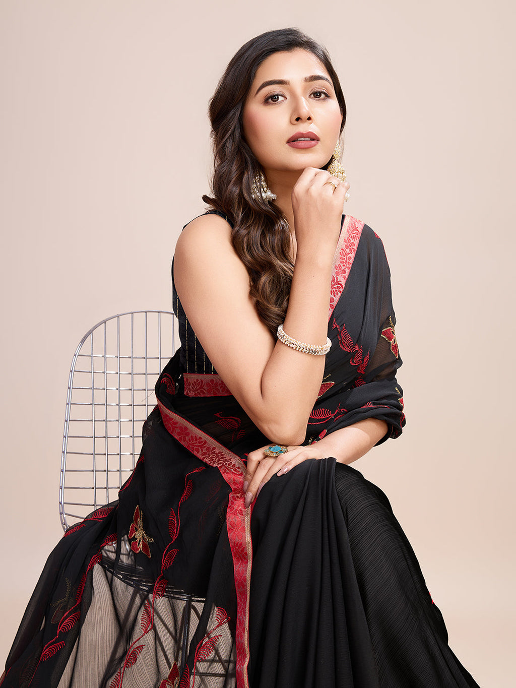 Vedant Vastram Georgette Embroidered Work Fancy Saree - Red
