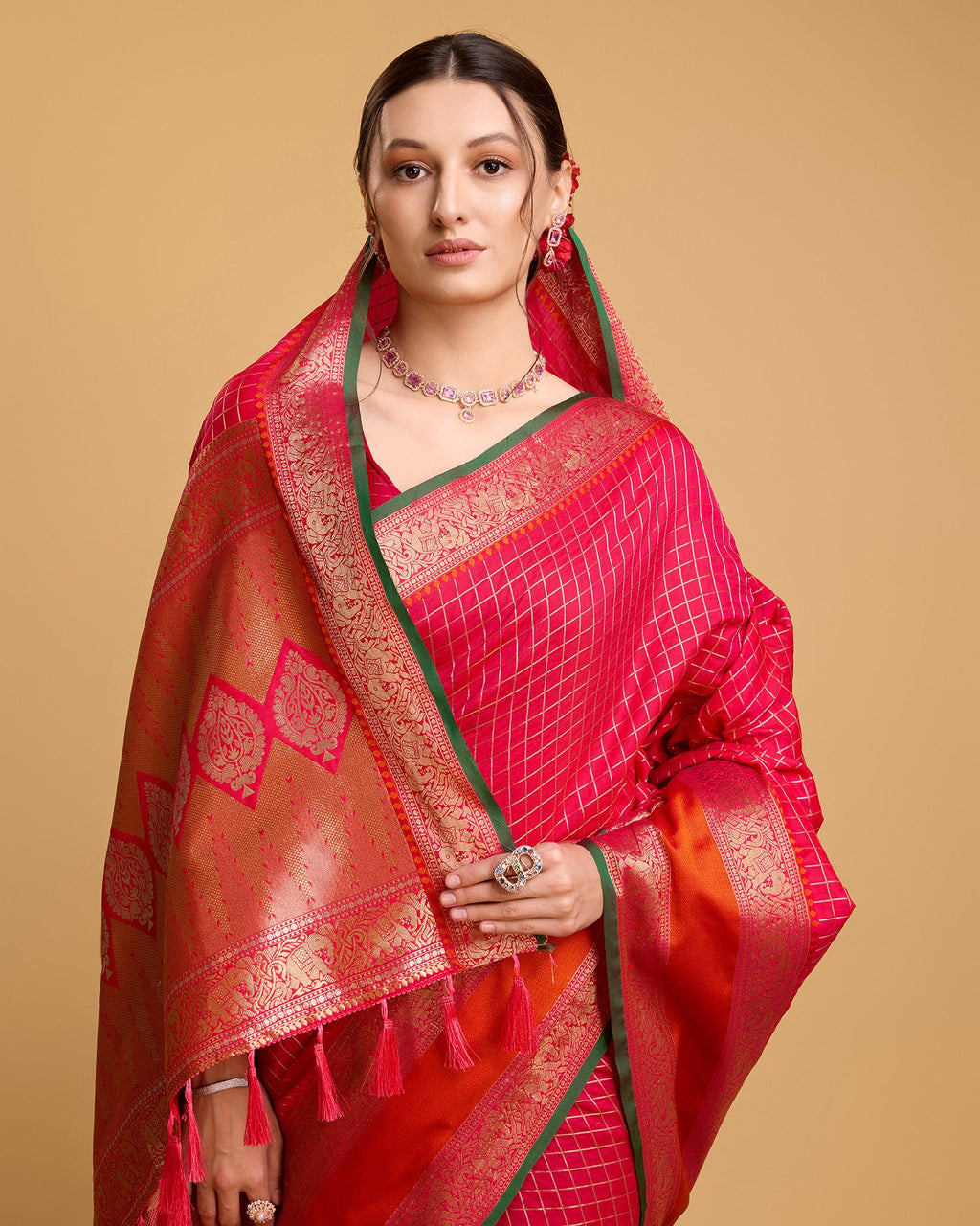 Vedant Vastram Soft Litchi Silk Banarasi Silk Saree - Pink