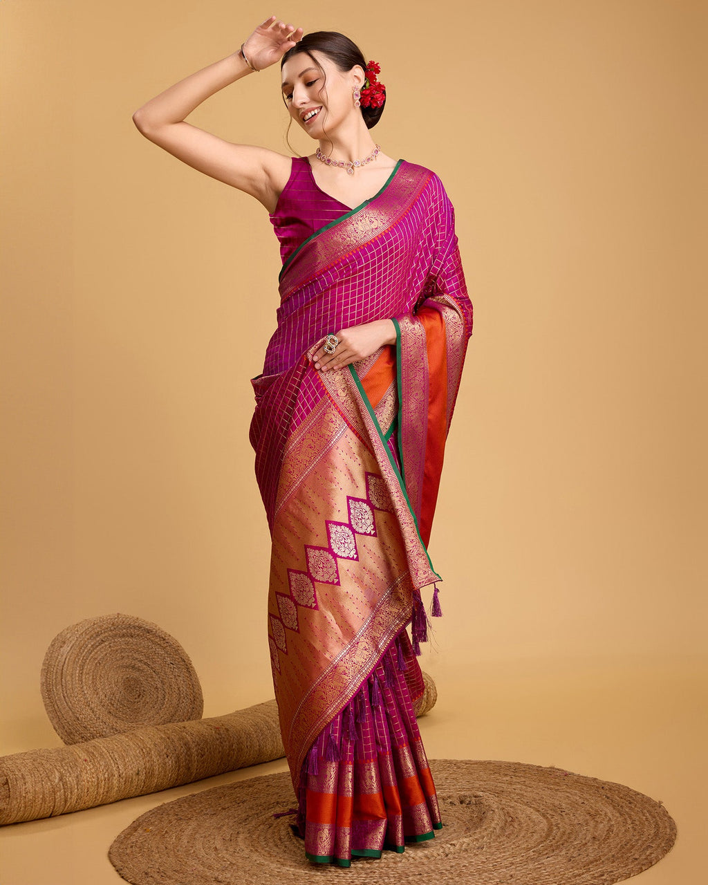 Vedant Vastram Soft Litchi Silk Banarasi Silk Saree - Rani