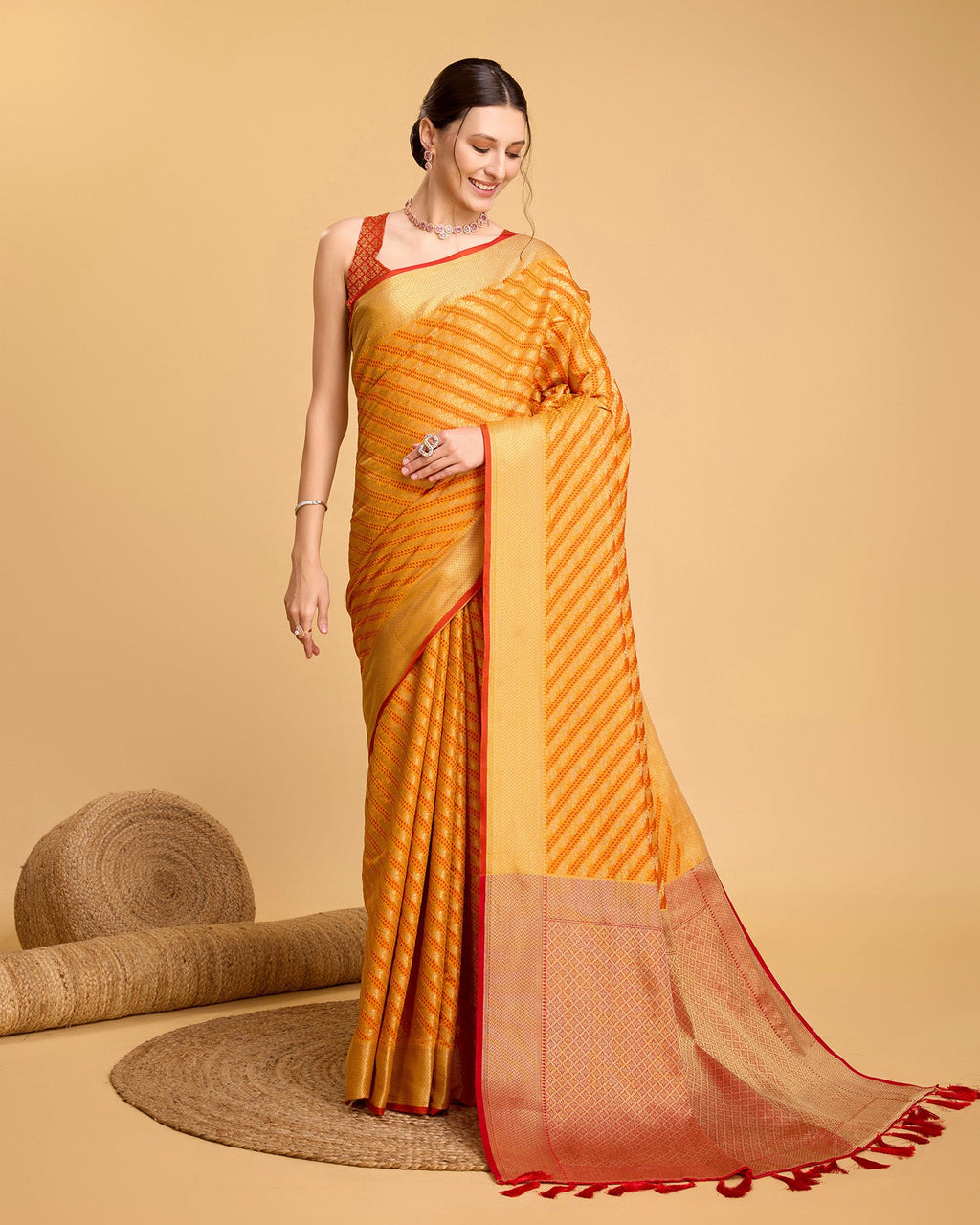 Vedant Vastram Soft Litchi Silk Kanjeevaram Silk Saree - Mustard