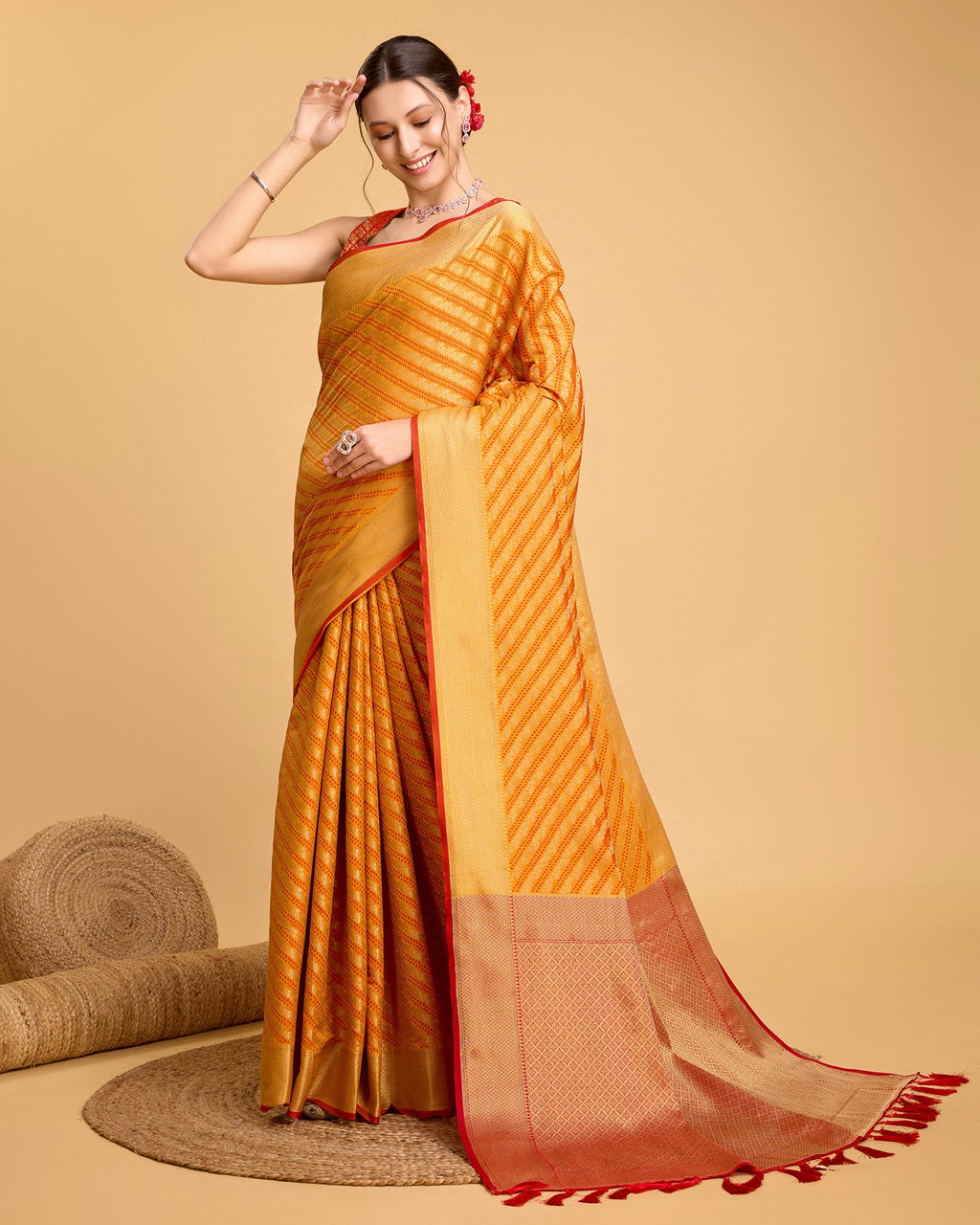 Vedant Vastram Soft Litchi Silk Kanjeevaram Silk Saree - Mustard