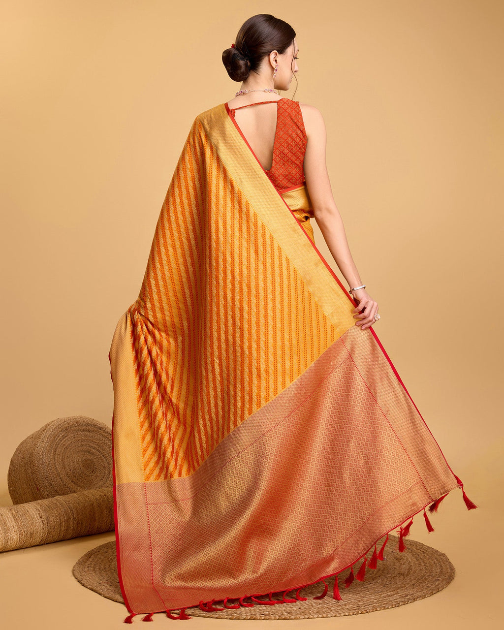 Vedant Vastram Soft Litchi Silk Kanjeevaram Silk Saree - Mustard