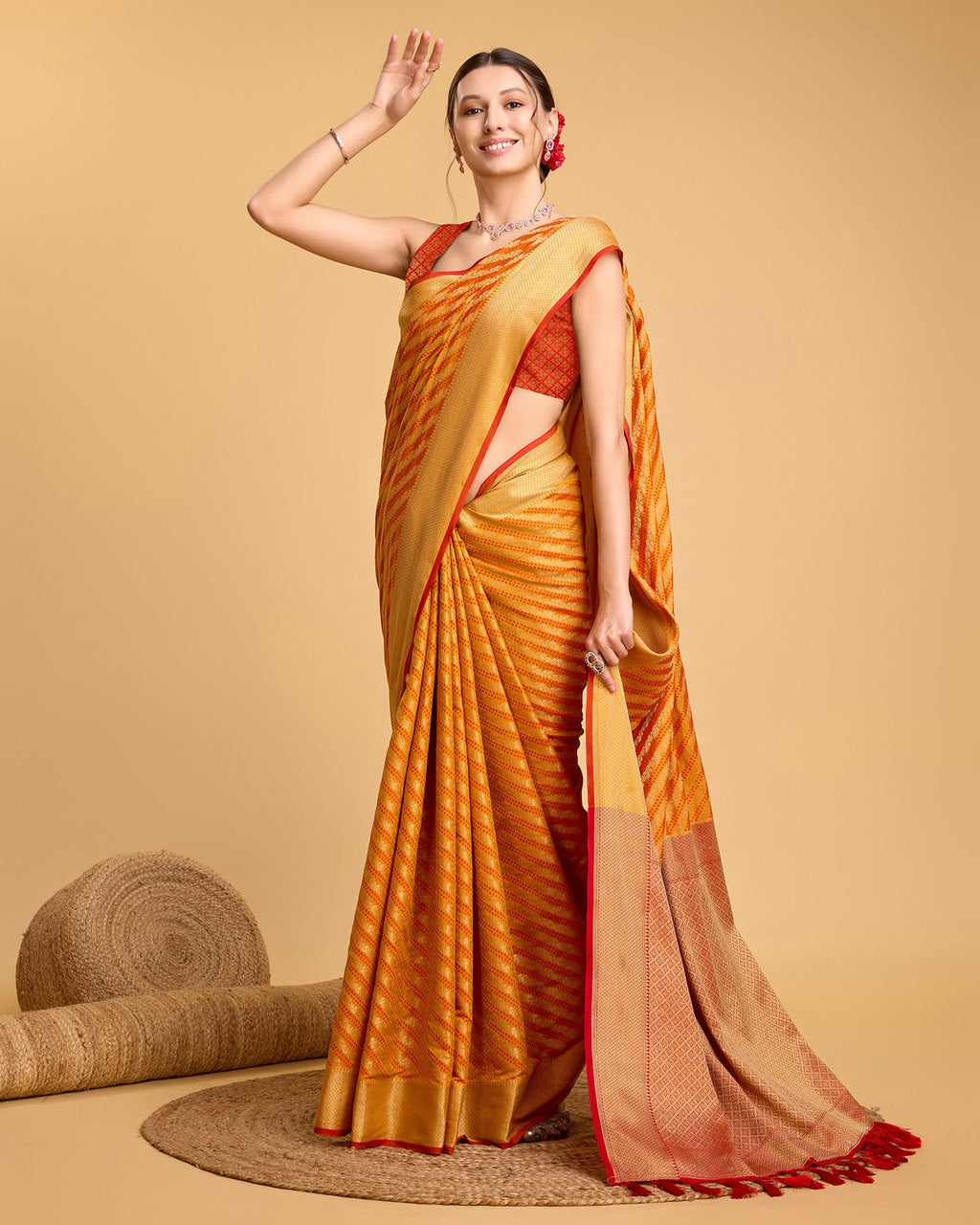 Vedant Vastram Soft Litchi Silk Kanjeevaram Silk Saree - Mustard