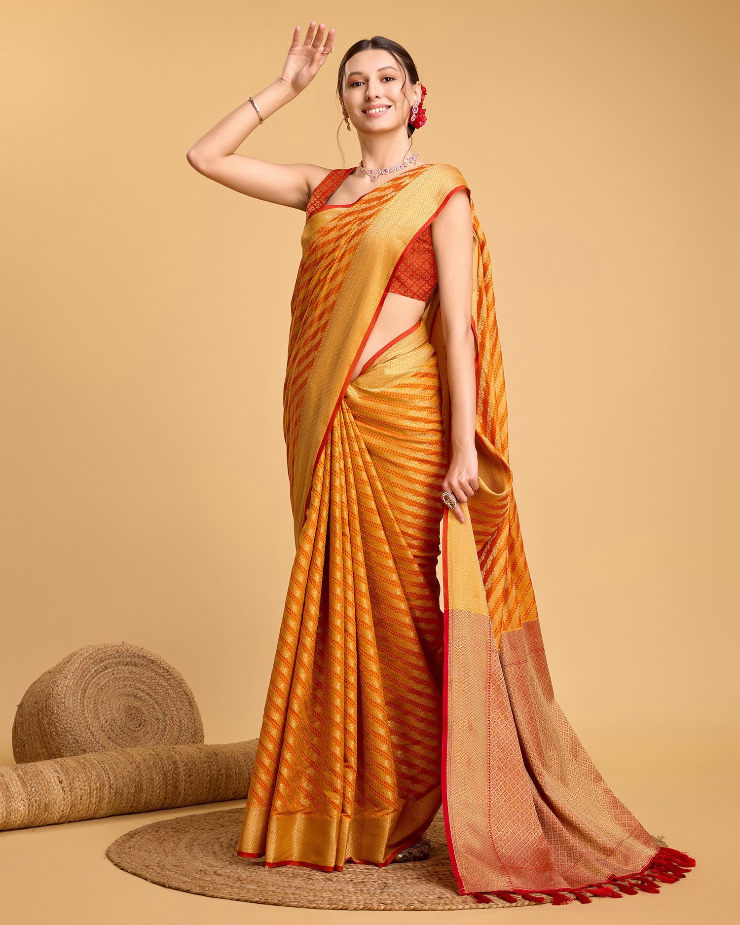 Vedant Vastram Soft Litchi Silk Kanjeevaram Silk Saree - Mustard