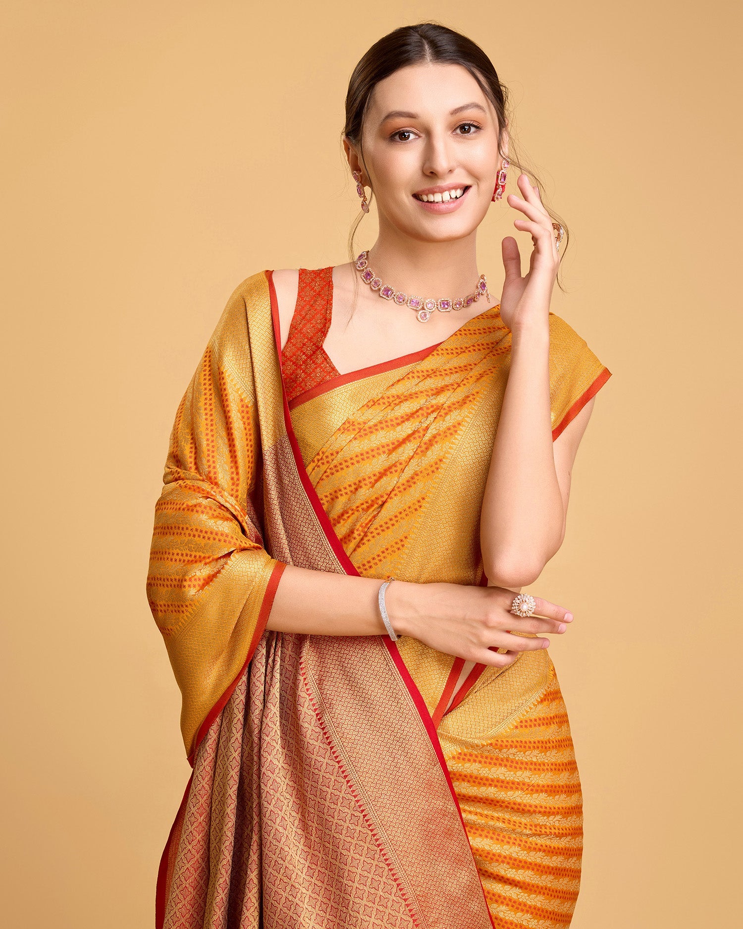 Vedant Vastram Soft Litchi Silk Kanjeevaram Silk Saree - Mustard