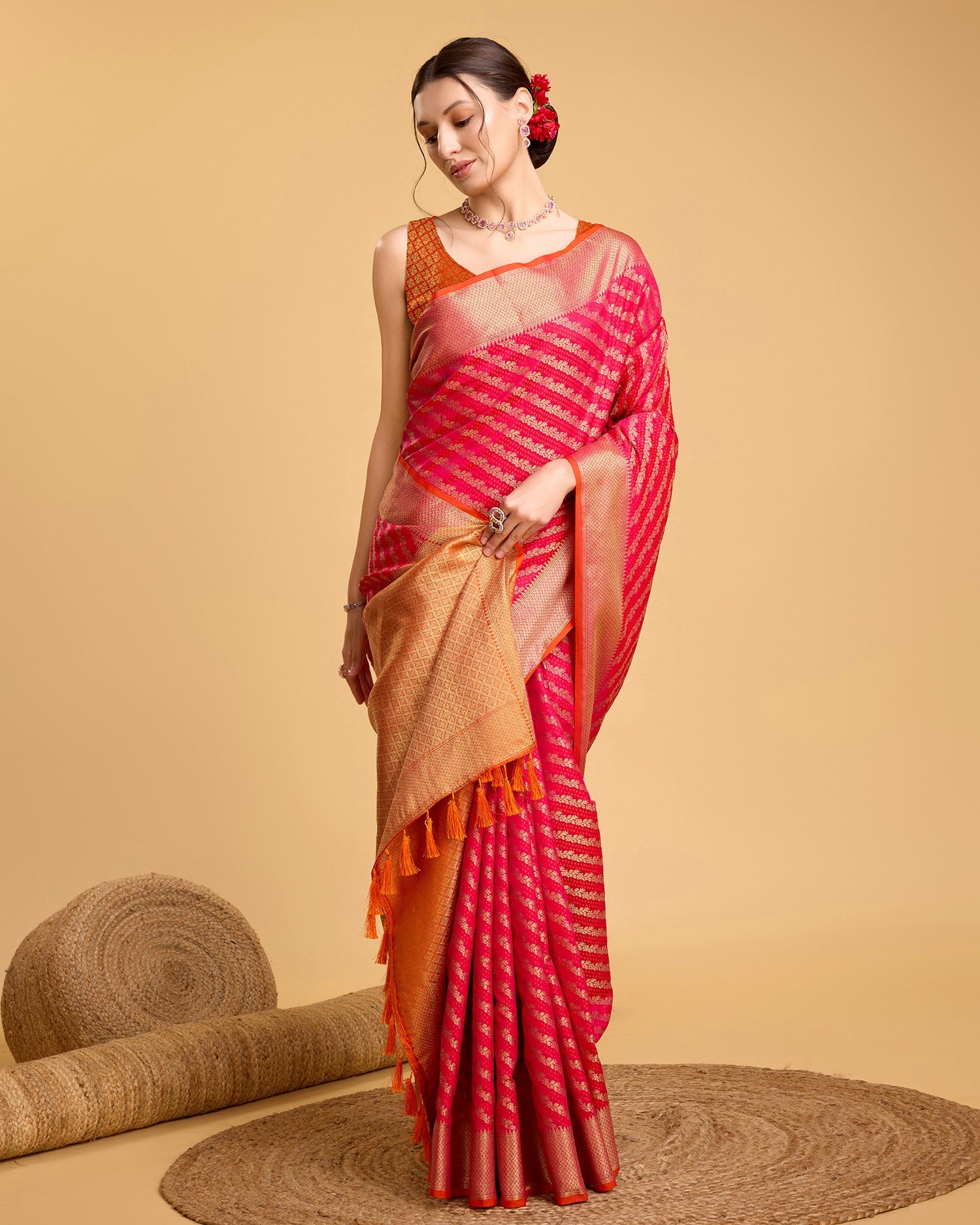 Vedant Vastram Soft Litchi Silk Kanjeevaram Silk Saree - Pink