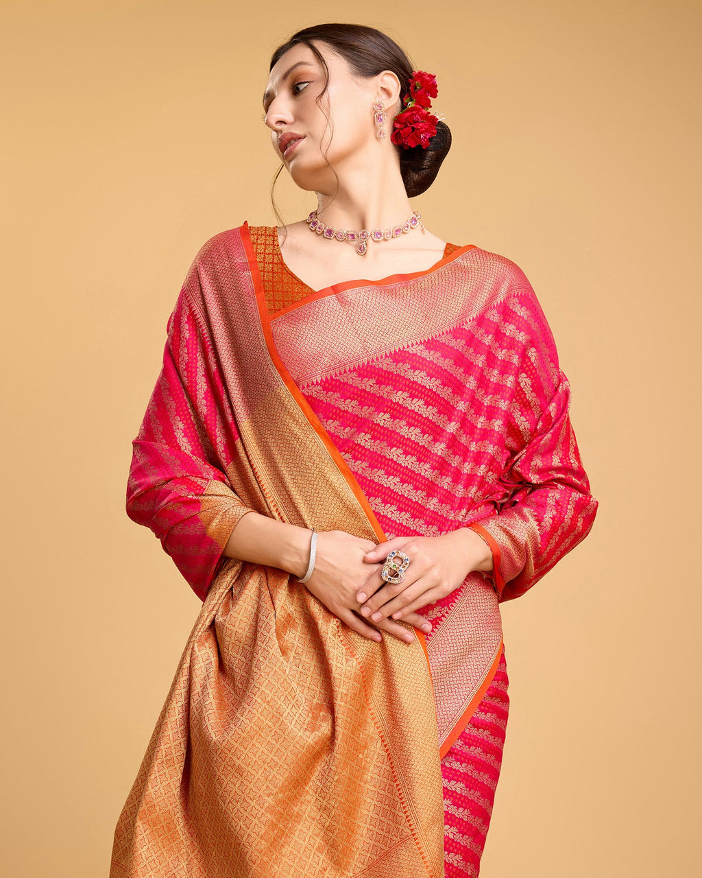 Vedant Vastram Soft Litchi Silk Kanjeevaram Silk Saree - Pink