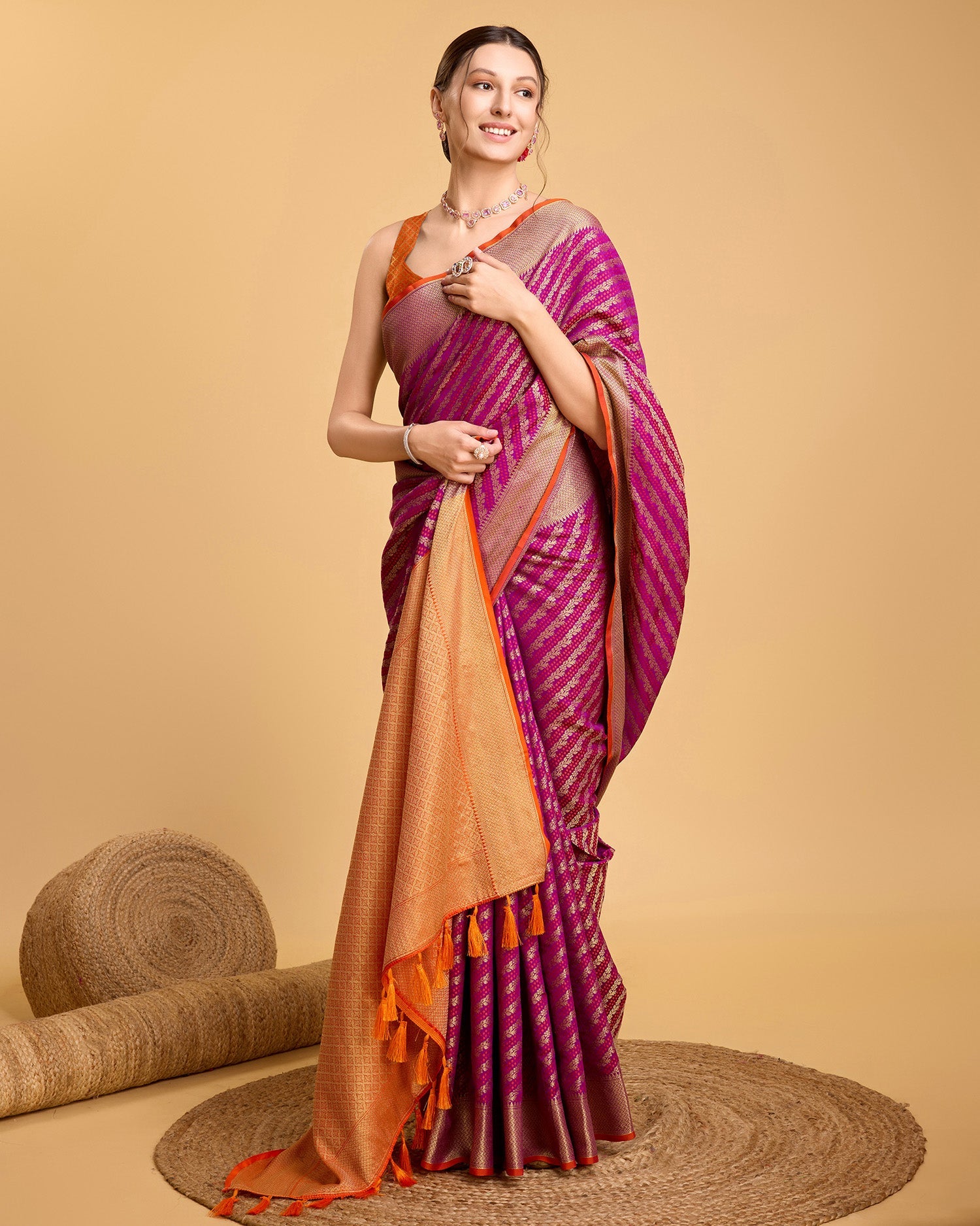 Vedant Vastram Soft Litchi Silk Kanjeevaram Silk Saree - Purple