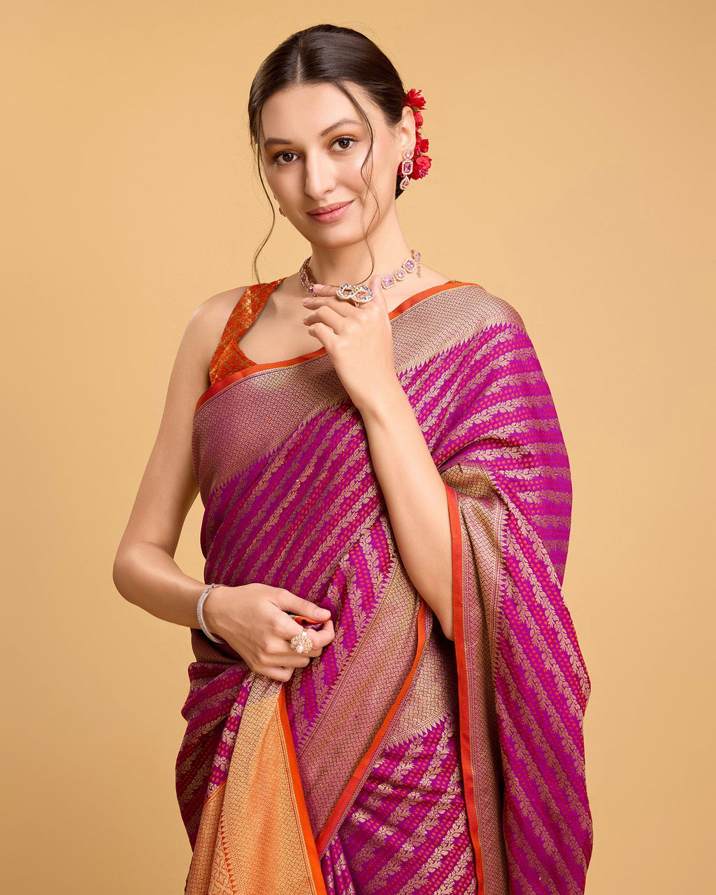 Vedant Vastram Soft Litchi Silk Kanjeevaram Silk Saree - Purple