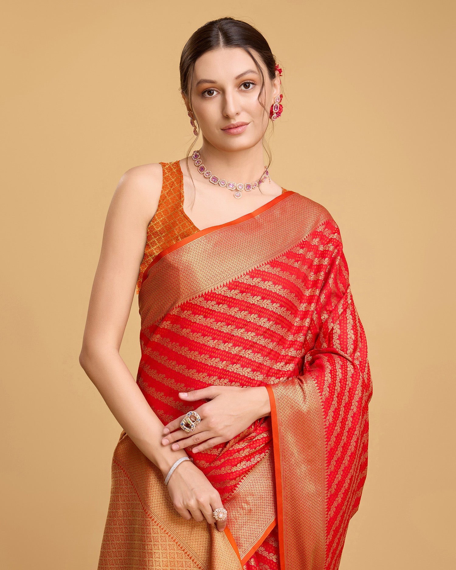 Vedant Vastram Soft Litchi Silk Kanjeevaram Silk Saree - Red
