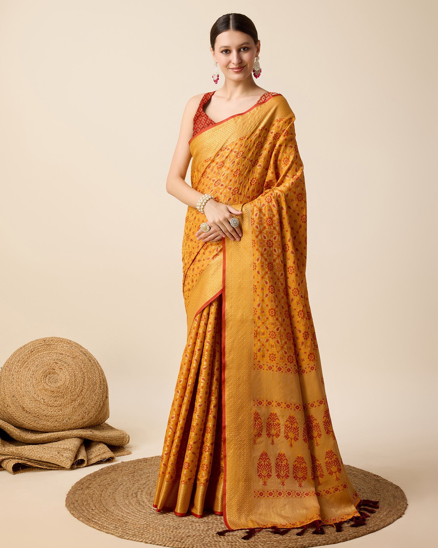Vedant Vastram Soft Litchi Silk Kanjeevaram Silk Saree - Mustard